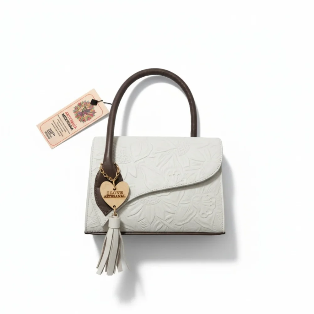 Off White Dark Brown Sunflower Embossed Tooled Artisan LEATHER Crossbody Purse